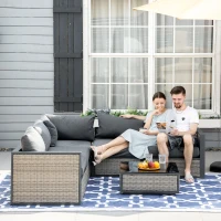 Outsunny 6 Pieces Patio Wicker Corner Sofa Set, Outdoor PE Rattan Sectional Conversation Aluminum Frame Furniture Set w/ Padded Cushion & Coffee Table, Grey(m-2)