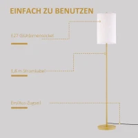 HOMCOM Stehlampe, Elegante Stehleuchte aus Stahl mit Stoffschirm, Wohnzimmerlampe, Zugkettenschalter, Gold+Weiß(m-5)
