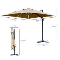 Outsunny Parasol déporté carré parasol LED inclinable pivotant 360° manivelle piètement acier dim. 3L x 3l x 2,74H m beige(m-3)