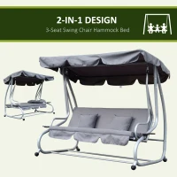 Outsunny 2-in-1 Garden Swing Seat Bed, 3 Seater Convertible Swing Chair Bench with Tilting Canopy, Cushioned Seat and 2 Pillows for Patio, Yard, Grey(m-7)