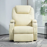 HOMCOM Elektrischer Relaxsessel mit Aufstehhilfe, Liegestuhl, Becherhalter, Kunstleder, Cremeweiß(m-8)