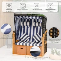 Outsunny Strandkorb, doppelte Sonnenliege mit Dach, inkl. 1Klapptisch, Blau(m-5)