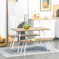 HOMCOM Set Tavolo da Pranzo con 2 Panche in Stile Nordico per Soggiorno, Salotto e Cucina, in MDF e Metallo, Bianco(m-2)