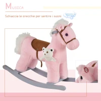 HOMCOM Cavallo a Dondolo per Bambini in Legno e Peluche con Suoni e Orsetto Incluso, per Bimbi da 18-36 Mesi, 65x26x55cm, Rosa(m-5)