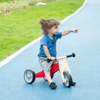 AIYAPLAY Triciclo e Bici Senza Pedali 2 in 1 per Bambini da 18-36 Mesi in Legno con Sella Regolabile, Rosso(m-2)