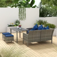 Outsunny 5 Pieces Rattan Garden Furniture Set with Dining Table, Cushions - Dark Blue(m-9)