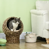 PawHut Woven Banana Leaf Elevated Cat Bed Wicker Kitten Basket Pet Den. House Cosy Cave with Soft Cushion Dome 40x37x51cm Grey(m-7)
