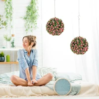 HOMCOM Set of 2 Decorative Artificial Plants, UV-protected Artificial Plant Topiary Rose Balls, Fake Plants for Home Indoor outdoor Decor, 28cm, Pink(m-2)