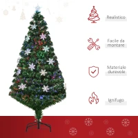 HOMCOM Albero di Natale Artificiale 150cm con Fibre Ottiche e 21 Luci LED, Decorazioni a Forma di Fiocco di Neve, Verde(m-7)
