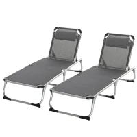 Outsunny Foldable Outdoor Sun Loungers Set of 2, Reclining Lounge Chair Camping Bed Cot with Pillow 4-Level Adjustable Back Aluminium Frame, Grey(m-11)
