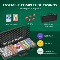 SPORTNOW Mallette de Poker Coffret de Poker Complet, avec 500 jetons 5 dés 2 Jeux de Cartes 3 boutons(m-4)