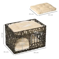 PawHut Cesta de Ratán para Gatos de 2 Alturas Cama Cueva de Gatos con 2 Cojines Suaves y Ventana 56x41x45 cm Café Oscuro(m-3)