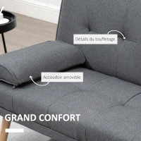 HOMCOM Canapé convertible 3 places, canapé-lit rembourré avec dossier réglable 3 niveaux, 2 coussins et 2 porte-gobelets intégrés, tissu de lin, pour salon, chambre d'amis, petit espace, gris foncé(m-6)