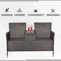 Outsunny Gartenbank Polyrattan 2-Sitzer UV-beständig Sitzbank mit Tisch Kissen Rückenlehne Gartenmöbel Parkbank bis 240kg belastbar Balkonbank für Garten Terrasse Balkon 133x63x84cm, Grau(m-4)
