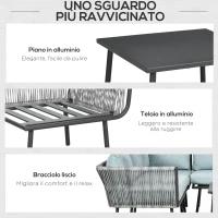 Outsunny Set da Giardino 4 Pezzi in Rattan con Tavolino da Caffè, 2 Divani ad Angolo e Poltroncina, Nero Grigio e Blu(m-6)