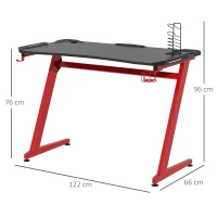 HOMCOM Mesa Gaming Escritorio 122x66x76 cm para Ordenador Tablero de Fibra de Carbono Portavasos Gancho para Auriculares Soporte de Gamepad y 2 Orificios Pasacables Negro y Rojo(m-3)