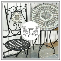 Outsunny 3 Pcs Mosaic Tile Garden Bistro Set Outdoor Seating w/ Table 2 Folding Chairs Set Metal Frame Elegant Scrolling Indoor Patio Balcony(m-7)
