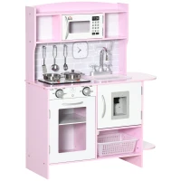 HOMCOM Kids Kitchen Playset, with Lights, Sounds, Microwave, Sink and Storage - Pink(m-1)