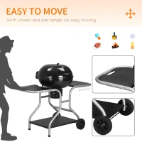 Outsunny Portable Charcoal Kettle Grill Outdoor Barbecue Trolley BBQ Heat Smoker Grilling with 2 Wheels, Storage Shelf and 4 Hooks, Free Standing, Black(m-7)