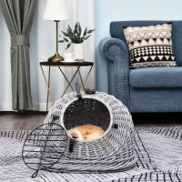 PawHut Cestino per Gatti Fino 5Kg in Vimini, Trasportini Gatti Vimini, Naturale Grigio con Cuscino Incluso (47cm x 35cm x 35cm)(m-2)