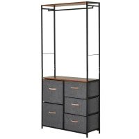 Armario Ropero Abierto Almacenaje Hecho de Metal Plegable con 5 Cajones Extraíbles Apto para Salón Oficina Dormitorio Estudio con Barra para Colgar Estilo Moderno Negra Gris 83x28x175cm(m-11)