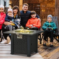 Outsunny Outdoor PE Rattan Gas Fire Pit Table, Patio Square Propane Heater with Marble Desktop, Rain Cover, Glass Windscreen, and Glass Stones, 50,000 BTU, Black(m-2)
