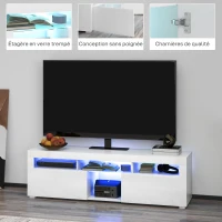 HOMCOM Meuble banc TV, meuble de télévision, jusqu'à 55 pouces, avec LED, étagères et placards, 150 x 38 x 45 cm, blanc laqué(m-8)