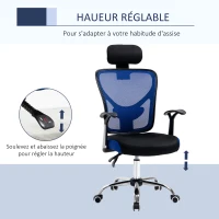 Vinsetto Chaise de bureau, fauteuil de bureau ergonomique en maille avec hauteur et appui-tête réglable, dossier inclinable et support lombaire, pour chambre, télétravail, charge 120 Kg, noir et bleu(m-4)