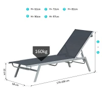 Outsunny Bain de Soleil transat - Chaise Longue - Design Contemporain - Dossier inclinable Multi-Positions - métal époxy textilène Noir - dim. 170 x 58 x 97 cm(m-3)