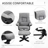HOMCOM Fauteuil relax inclinable 135° pivotant 360° avec repose-pieds revêtement microfibre gris(m-7)