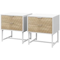HOMCOM Modern Bedside Table with 2 Drawers and Metal Frame, Sofa Side Table for Bedroom Living Room, Set of 2, White and Oak(m-10)