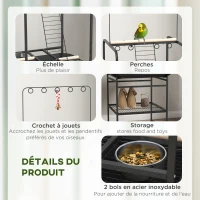 PawHut Aire de jeu sur roulettes pour oiseaux 3 perchoirs en bois 1 échelle 2 mangeoires en inox 155 cm gris foncé(m-7)