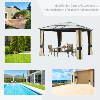 Outsunny Pavillon mit Polycarbonatdach, Vorhänge mit Fliegennetz, Alugestell, braun+beige, 3,6 x 3 x 2,6 m(m-7)
