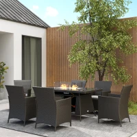Outsunny 7 Pieces Outdoor Rattan Garden Furniture with Fire Pit Table, 6 Seater Garden Table and Chairs with Cushions, Rattan Dining Set with Propane Heater Table, Windscreen, 50,000 BTU, Black(m-9)