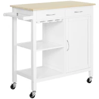 HOMCOM Kitchen Storage Trolley Cart Cupboard Rolling Wheels Shelves Cabinet Island W/ Drawers Towel Rail Wine Glass Rack Pine Wood Worktop  White(m-1)