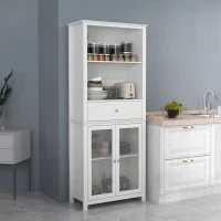 HOMCOM Tall Kitchen Cupboard, Kitchen Unit with Tempered Glass Doors, Drawer, Open and Adjustable Shelves and Cushioned Hinges, Dining Room Living Room(m-10)