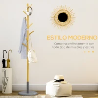 HOMCOM Perchero de Entrada Recibidor con 8 Ganchos para Colgar Ropas Bolsas en Forma de Árbol Ø37,8x175,6 cm Natural y Gris(m-4)