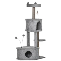PawHut Árbol Rascador para Gatos 60x40x133 cm Torre de Gatos con Nido Cueva de Fieltro Extraíble Cama de Felpa Suave Postes Rascadores de Sisal Natural y Juguetes Gris(m-1)