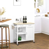 HOMCOM Kitchen Storage Trolley Cart Cupboard Rolling Wheels Shelves Cabinet Island W/ Drawers Towel Rail Wine Glass Rack Pine Wood Worktop  White(m-2)