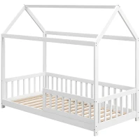 HOMCOM Struttura Letto per Bambini a Forma di Casetta con Doghe e Recinzione, in Legno di Pino, 96x195x165 cm, Bianco(m-10)