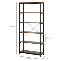 HOMCOM Bücherregal mit 5 Fächer, Standregal, Industriestil, Wohnzimmer, Schlafzimmer, Büro, E1 Spanplatte, Braun, 80 x 30 x 180 cm(m-3)
