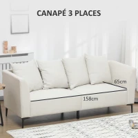 HOMCOM Canapé 3 places style contemporain avec 4 coussins piètement acier noir revêtement tissu aspect lin crème(m-5)