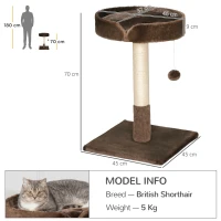 PawHut Small Cat Tree for Indoor Cats with Sisal Scratching Post Kitten Bed Cushion Ball Toy, Brown, 45x45x70 cm(m-3)