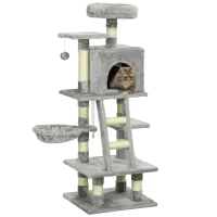 PawHut 132cm Cat Tree with Scratching Post, House, Hammock, Toy Balls - Grey(m-1)