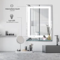 Kleankin Specchio da Bagno Luci a LED, Interruttore Touch Mensola in Vetro con Utensili per Montaggio a Parete 70x50cm(m-4)