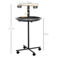 PawHut Parrot Perch Stand, Large Bird Play Stand, Metal Bird Table Feeder Station with Stainless Steel Bowls, Four Wheels, Round Tray, Black(m-3)