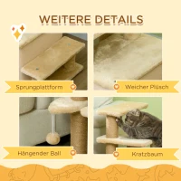 PawHut Haustiertreppe, Kratzbaum, 4 Stufen, Spielball, Häuschen, höhenverstellbar, 60 x 40 x 66 cm, Beige(m-6)