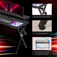 HOMCOM Mesa Gaming 140x60 cm Escritorio para Computadora PC con Estante Elevado para Monitor Gancho para Auriculares Negro(m-7)