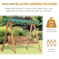 Outsunny Balancelle de Jardin 3 Places Toit imperméabilisé 2 tablettes Support 1,9L x 1,3l x 1,85H m Charge Max. 360 Kg Bois de pin Vert(m-6)