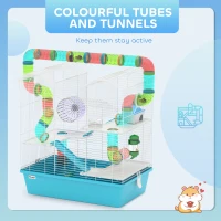 PawHut 4 Tier Hamster Cage w/ Tubes, Exercise Wheel, Hut, Water Bottle, Food Dish, Ramps, for Dwarf Hamster, Light Blue(m-5)